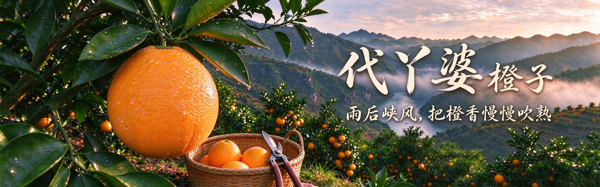 三峡深处 · 代丫婆橙子——枝头挂着带雨珠的橙子，竹篮里装着刚采的果子，身后是雨后云雾中的三峡群山与江湾